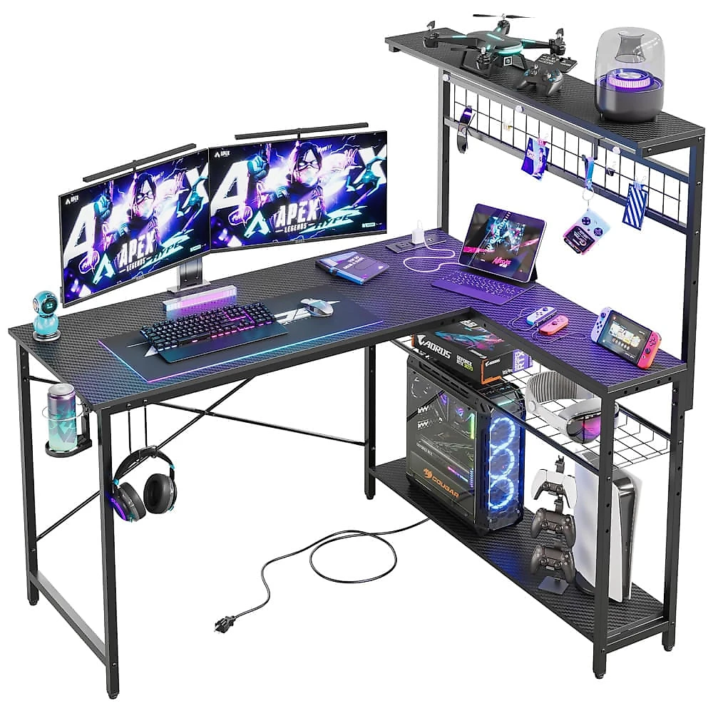 Mesa Gamer de Fibra de Carbono com Prateleiras de 4 Níveis, Luz LED, Suporte de CPU e Tomadas, 110V, Bestier, Preto 110v