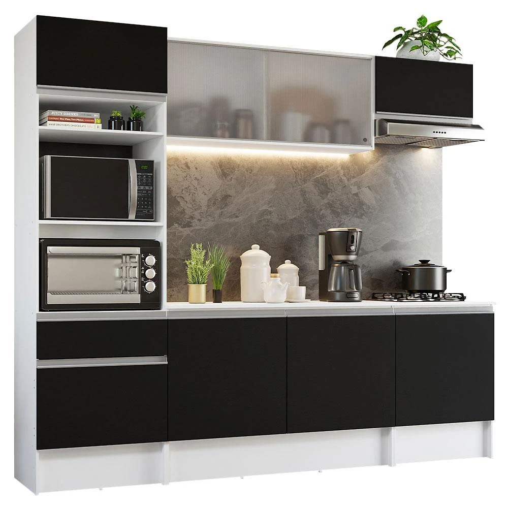 Cozinha completa madesa topazio com armário, balcão e tampo - branco/preto