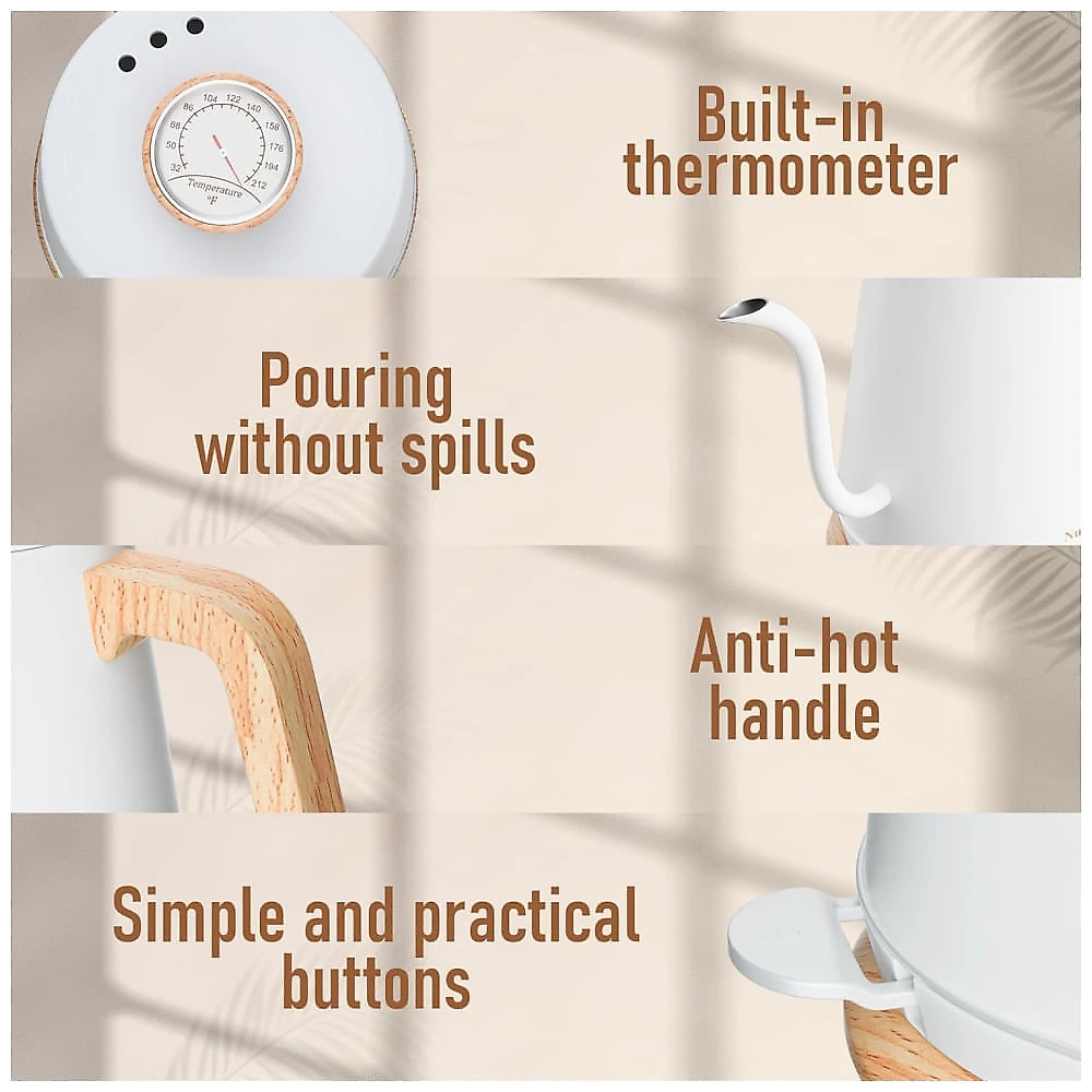 Chaleira Elétrica Nueve&Five Gooseneck 1L, 1000W, Aço Inox, Desligamento Automático e Termômetro - Prepare água quente com precisão!