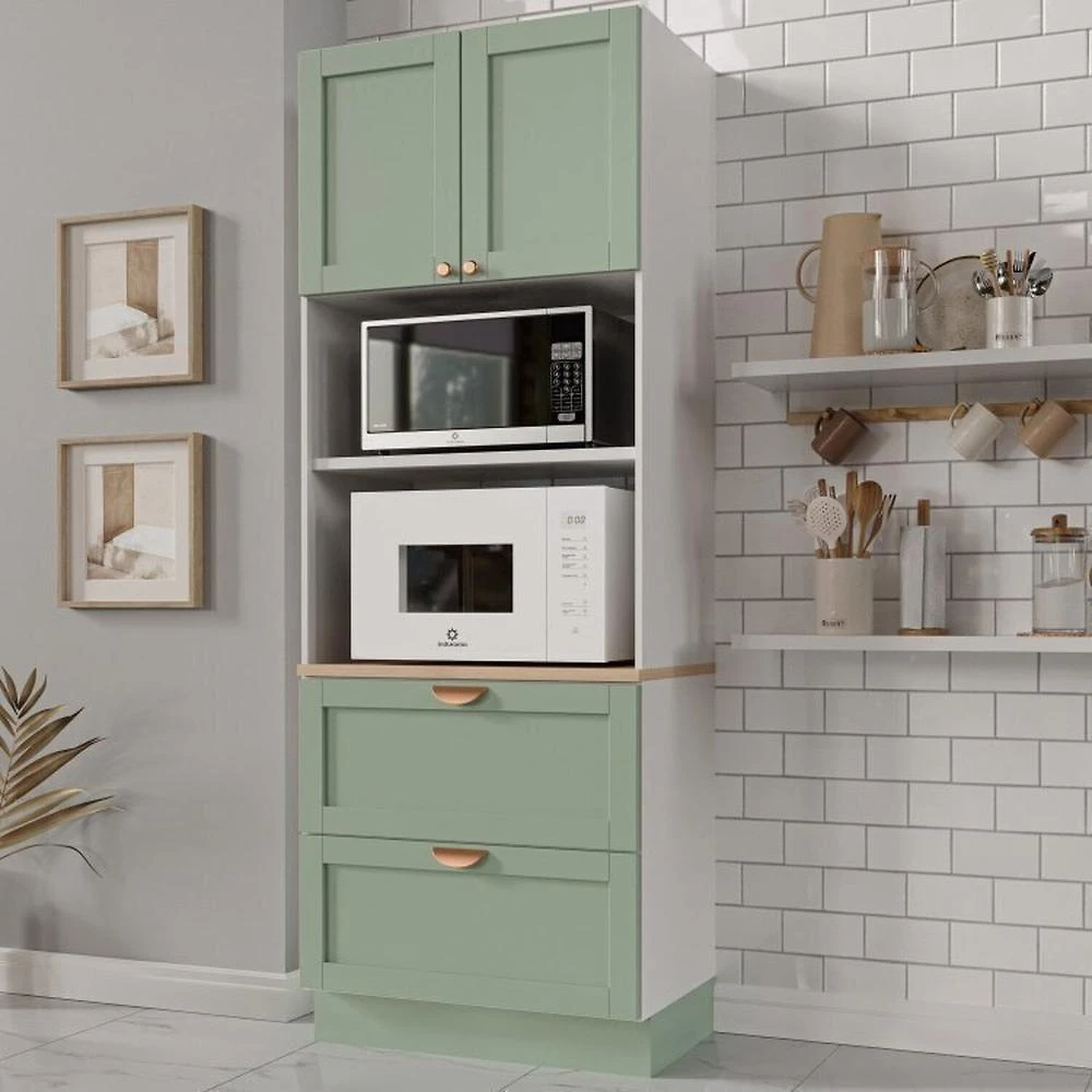 Cozinha Modulada 7 Peças com Tampo 1 Torre 3 Aéreos 3 Balcões Arizona Cabecasa Madeiramadeira Figueira/Menta
