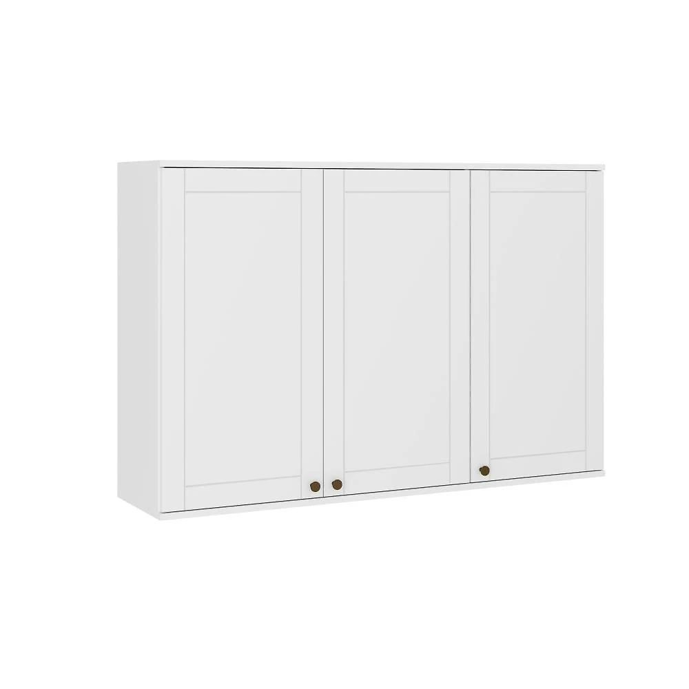 Armário Aéreo para Cozinha 120CM 3 Portas MDF Bater Branco