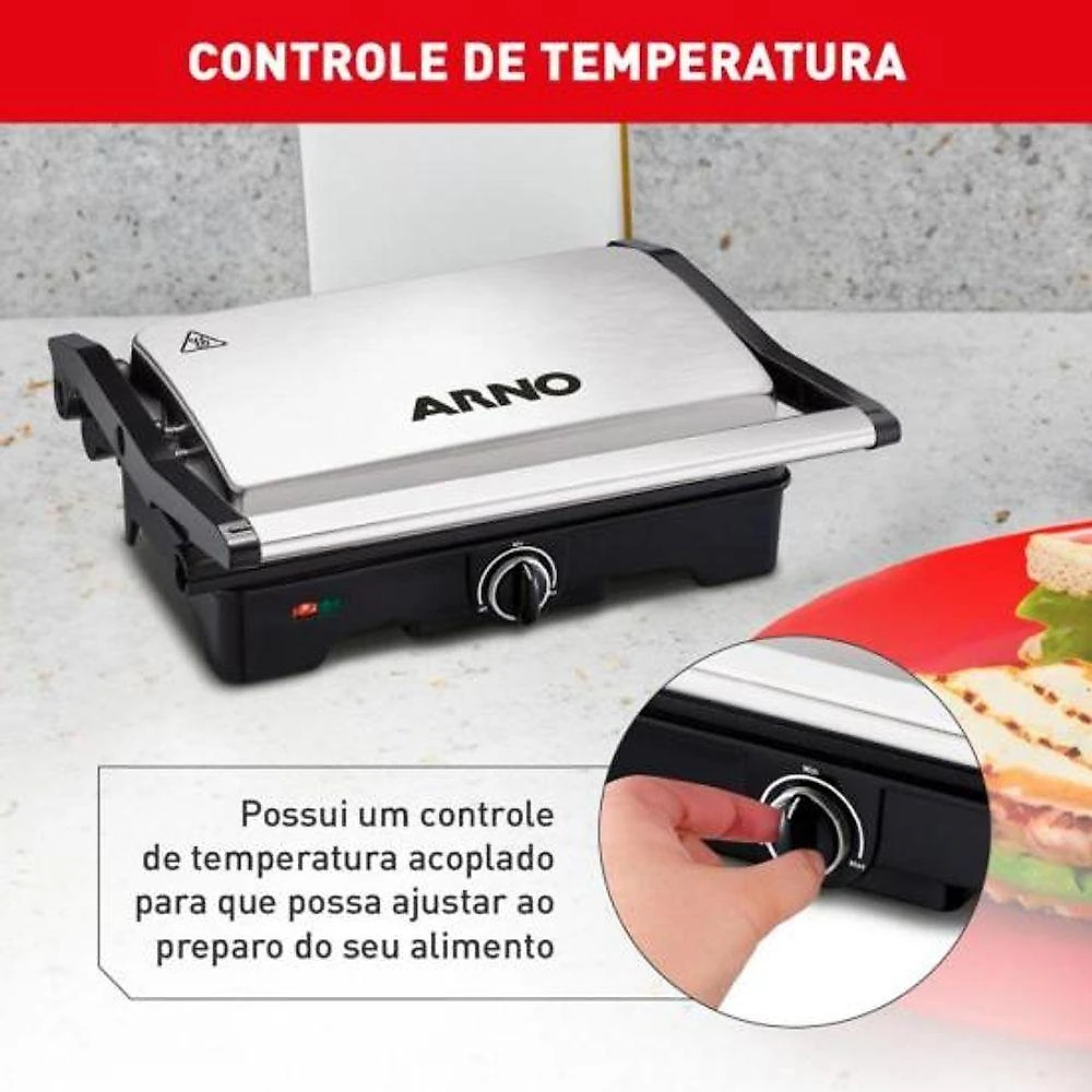 Grill Arno Dual Gnox Inox com Abertura de 180 graus  Termostato Ajustável 1100W Inox 110V
