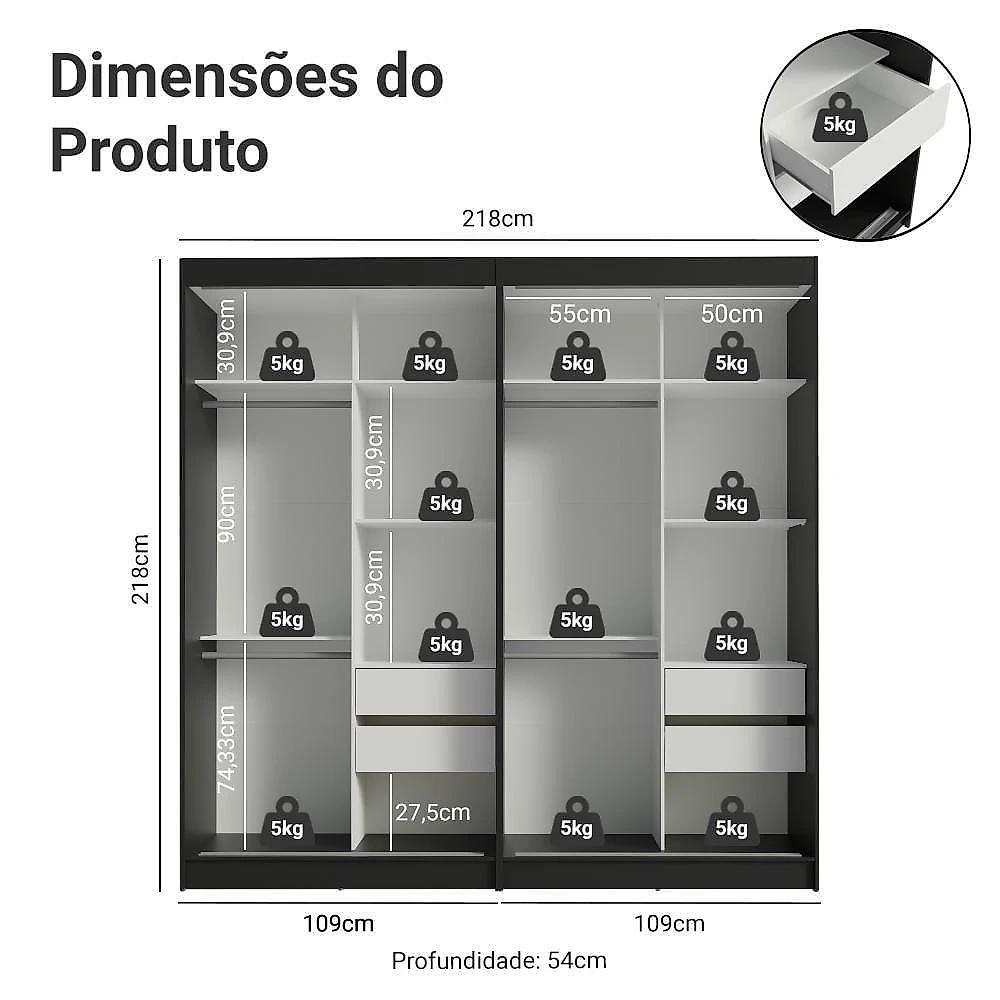 Conjunto 2 Guarda Roupas Casal Tokio 4 Portas Correr MDP Preto e Branco Madesa