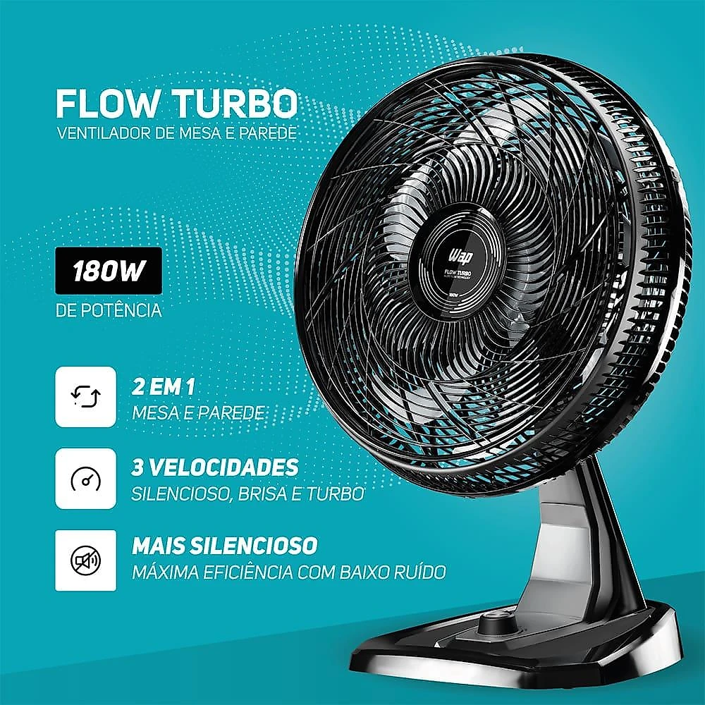 Ventilador de mesa/parede wap flow turbo com 8 pás e 3 velocidades 180w - preto e cinza 220
