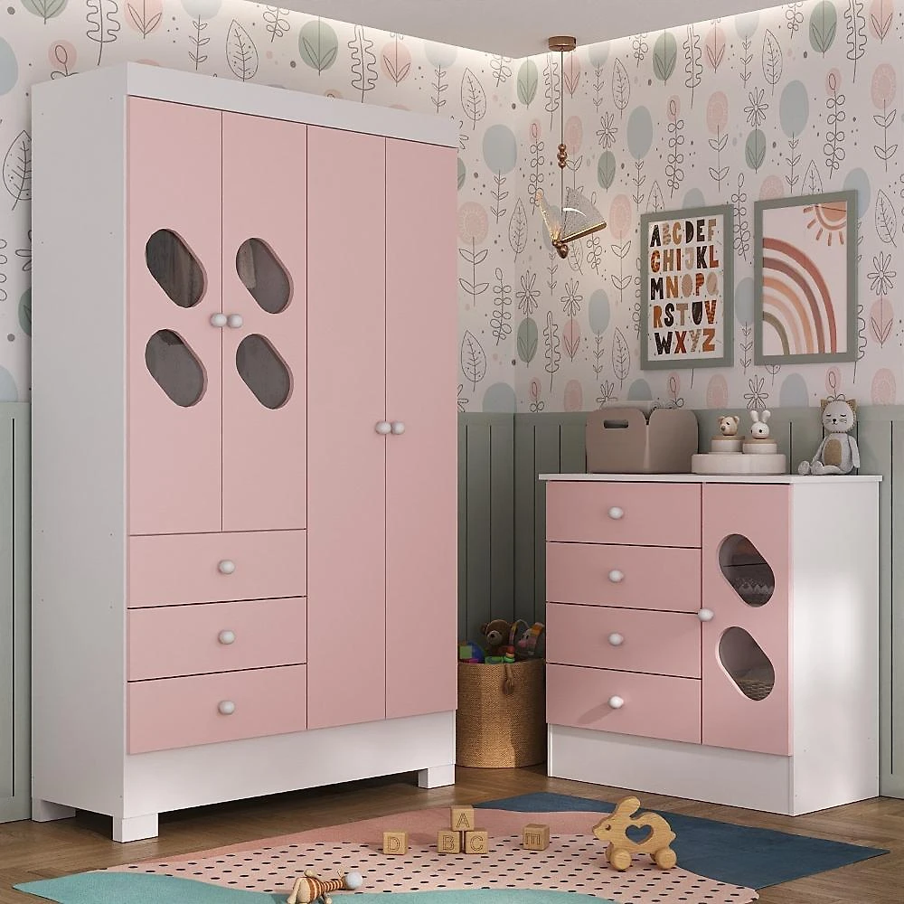 Quarto Infantil Completo Guarda Roupa 4 Portas 3 Gavetas com Cômoda Stella Espresso Móveis