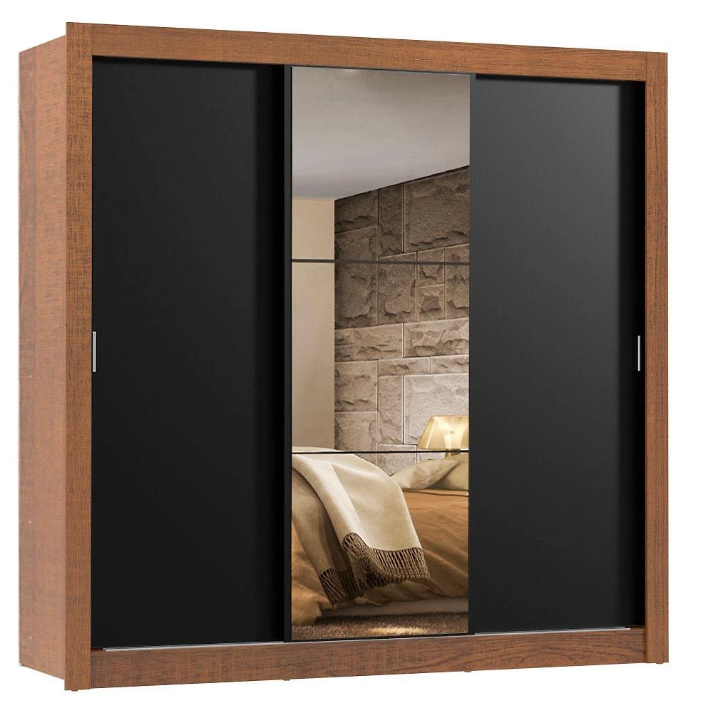 Guarda roupa casal madesa lyon 3 portas de correr com espelho 2 gavetas - rustic/preto