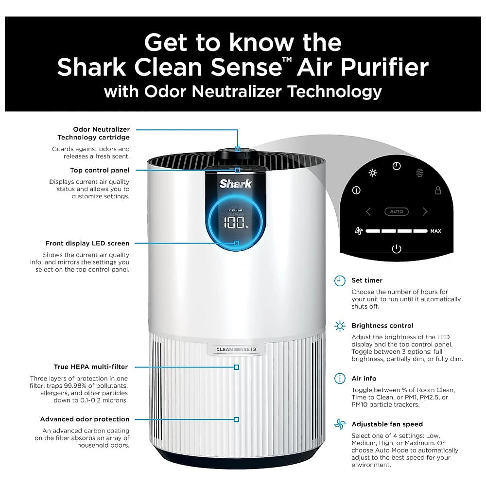 Purificador de Ar Shark HP132 Clean Sense com Tecnologia Neutralizadora de Odores, Filtro HEPA, 46m², Ambiente Pequeno, Quarto, Escritório