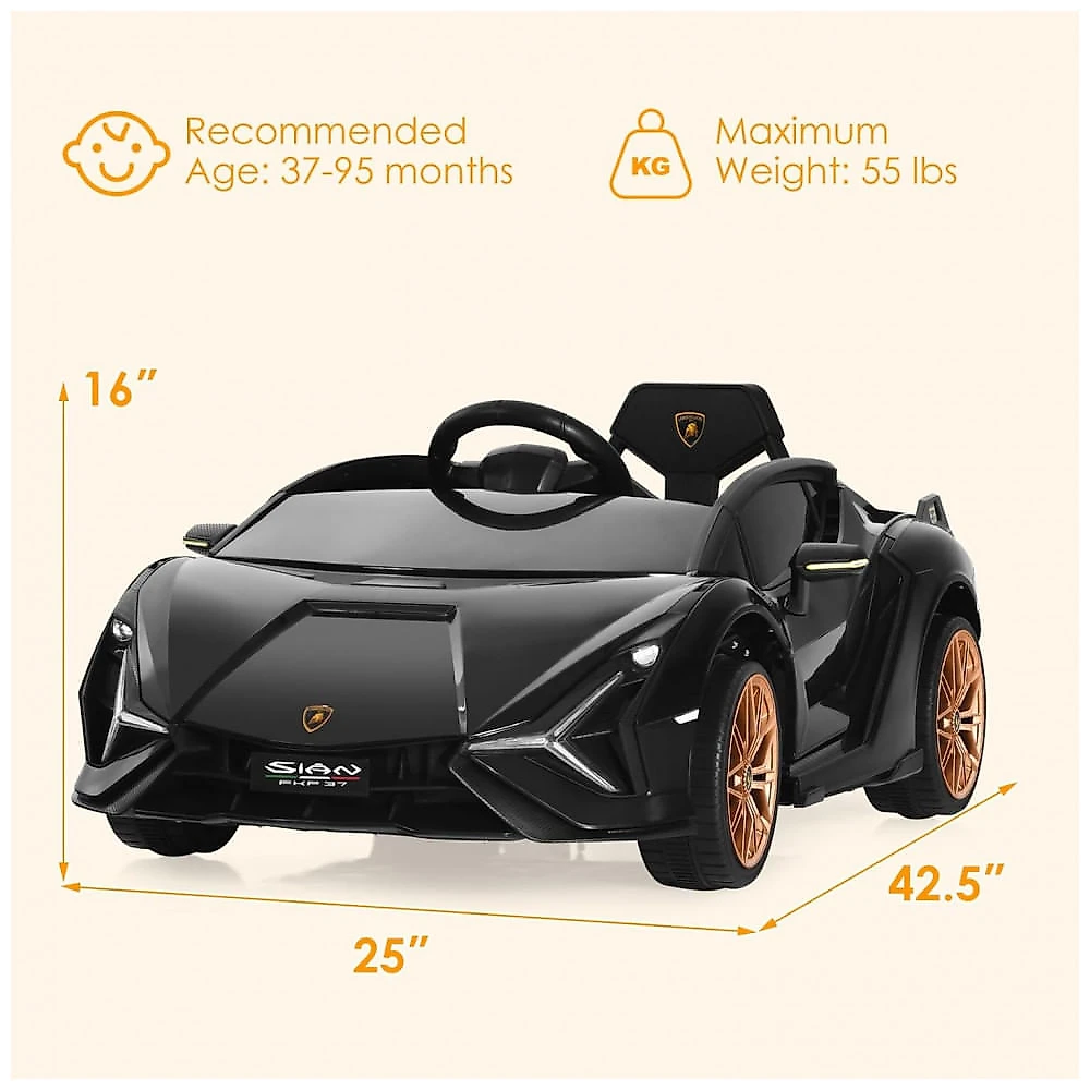 Carro Elétrico Infantil Licenciado Lamborghini SIAN OLAKIDS Preto/Dourado 12V com Controle Remoto 2 Velocidades, Suspensão e Bluetooth