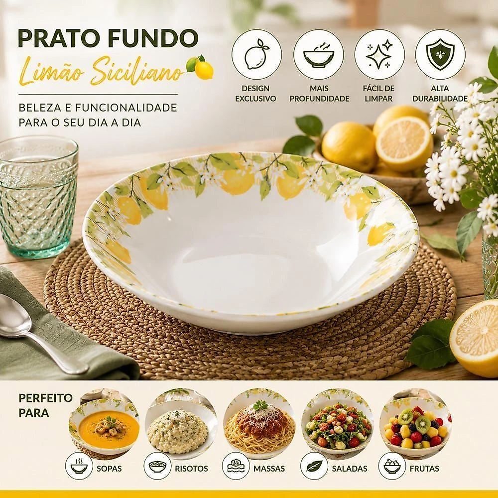Prato Fundo Limão Siciliano 21cm Cerâmica Elegante para Sopas Branco Lyor
