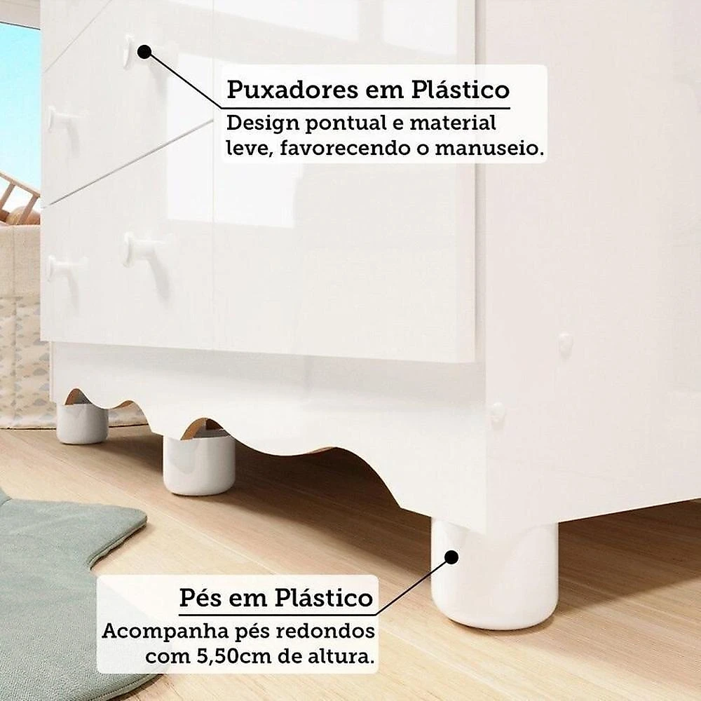 Quarto de Bebê com Berço 3 em 1 e Cômoda Janelada 100% MDF Aurora Espresso Móveis Quarto de Bebê com Cômoda Janelada e Berço Minicama 100% Mdf Aurora Espresso Móveis Branco Brilho