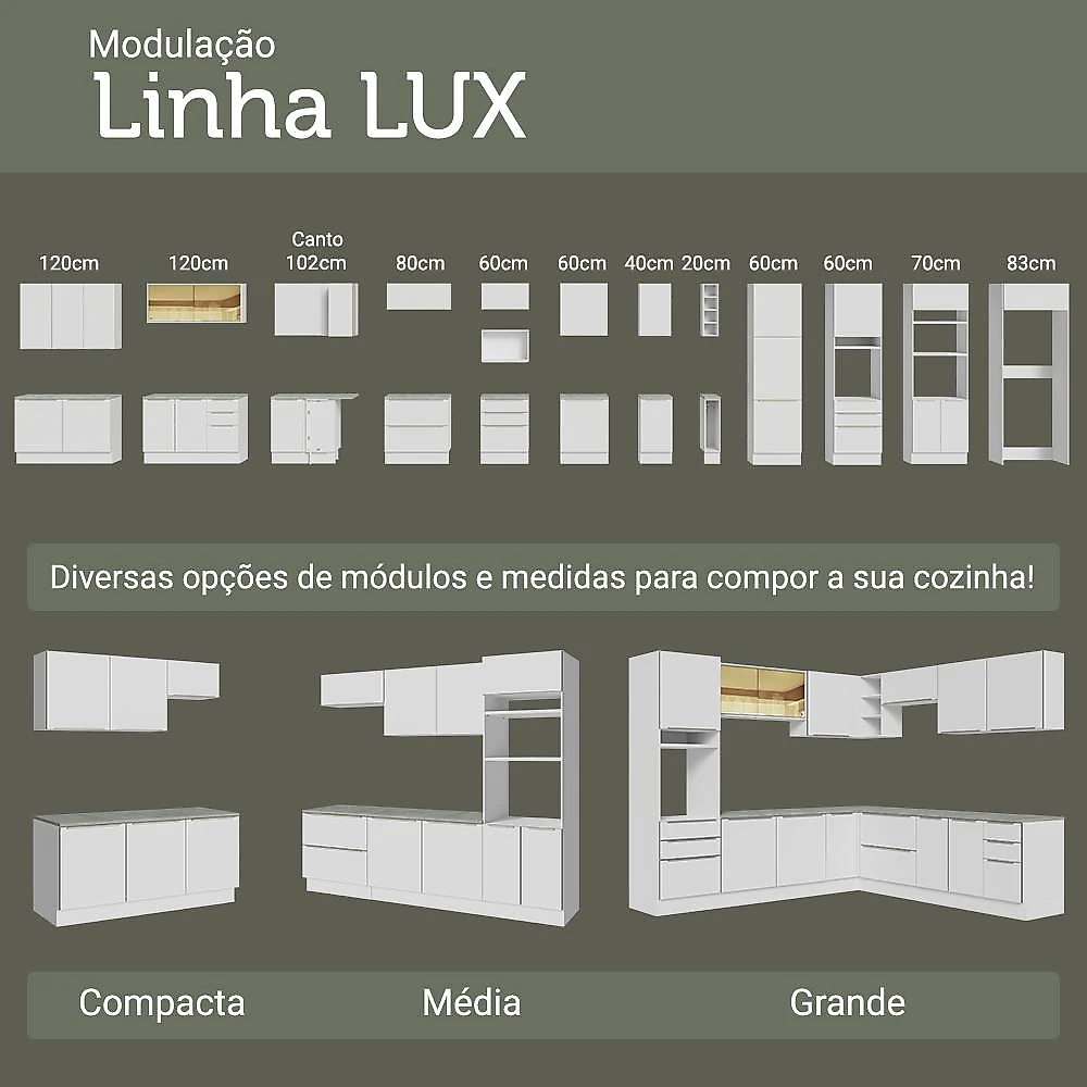 Armário de Cozinha Compacta 180 x 60 cm Branco Lux Madesa 05 Branco/Branco Veludo