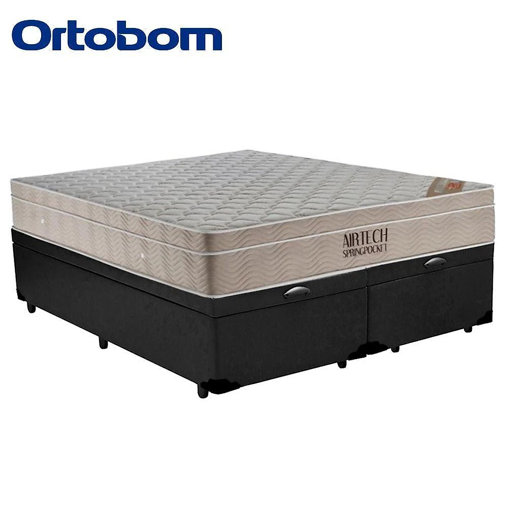 Cama Box Baú Queen Bipartido com Colchão Airtech Molas Ensacadas Preto Ortobom