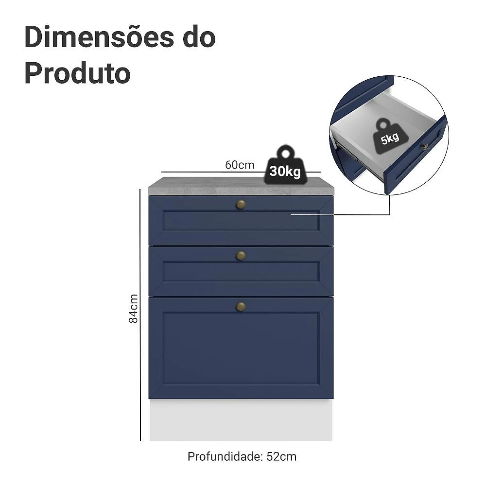Balcão de cozinha 60 cm 3 gavetas branco/azul vik madesa