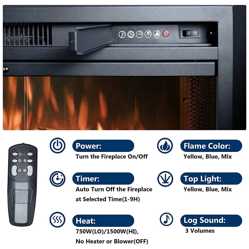 Miniatura Lareira Elétrica de Embutir A53x64L cm com Controle Remoto, Porta de Vidro, Tela de Malha, Som de Crepitação de Fogo, 3 Cores de Chamas Ajustáveis 110v