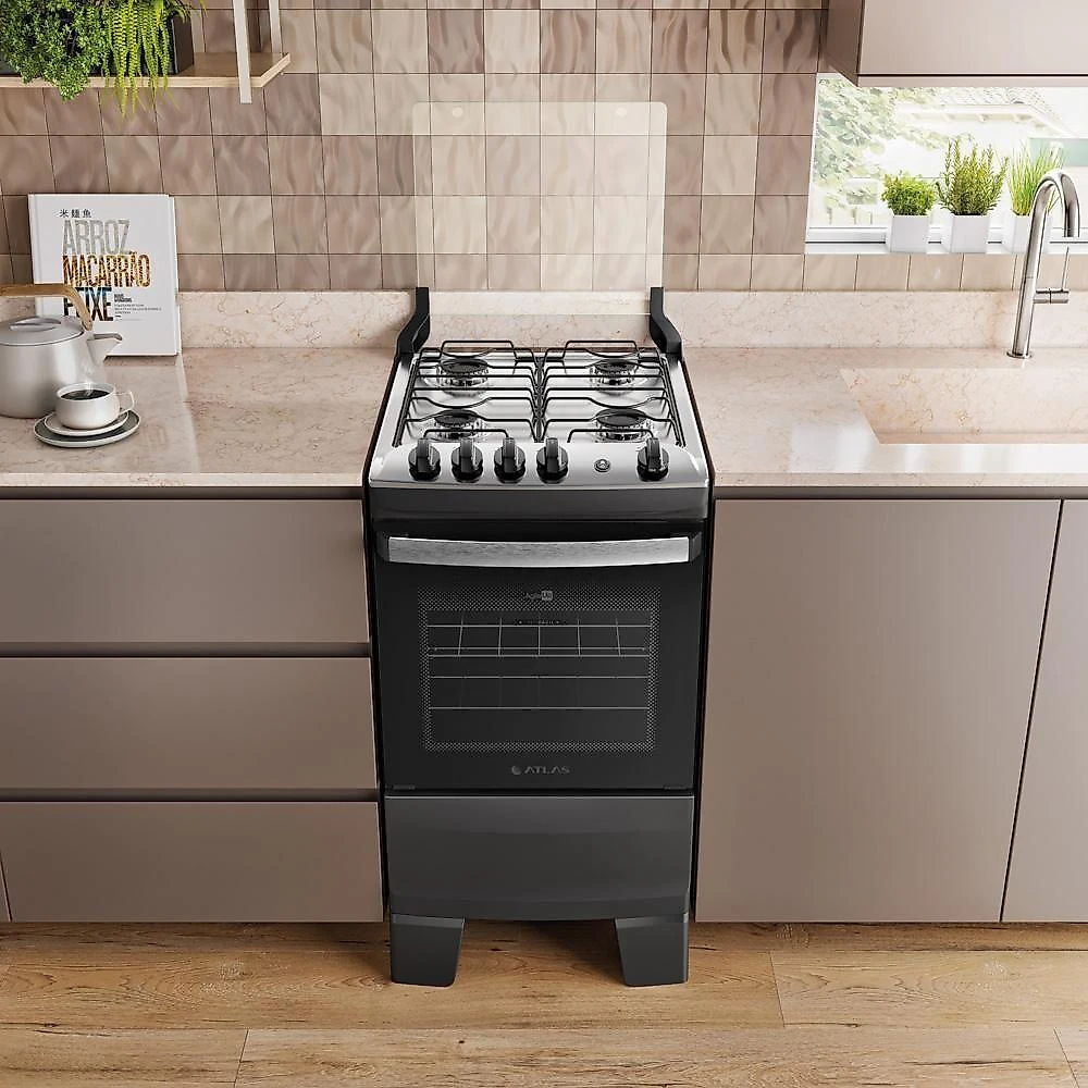 Fogão 4 Bocas Atlas Agile Up Com Mesa De Inox A Gás Bivolt Preto