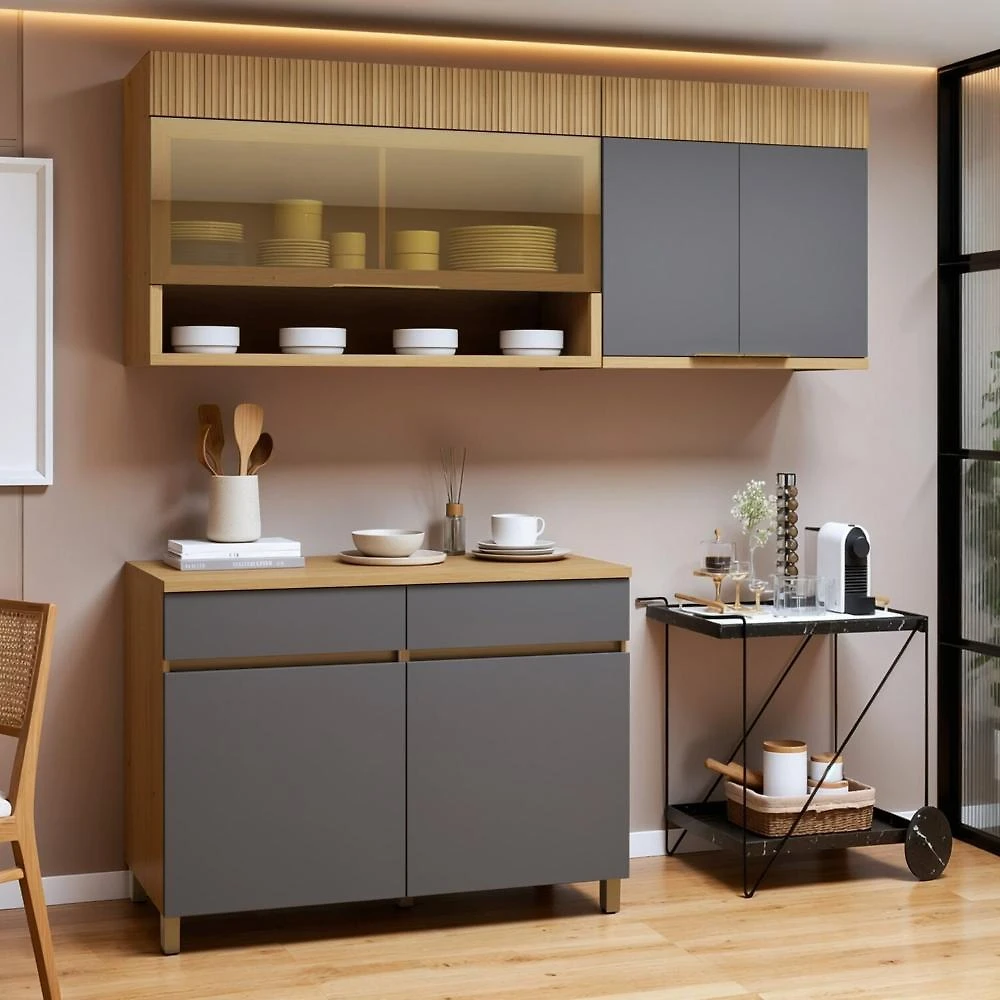 Cozinha Completa Modulada 3 Peças 5 Portas 2 Gavetas 100% MDF Realeza Premium Carvalho/Titânio