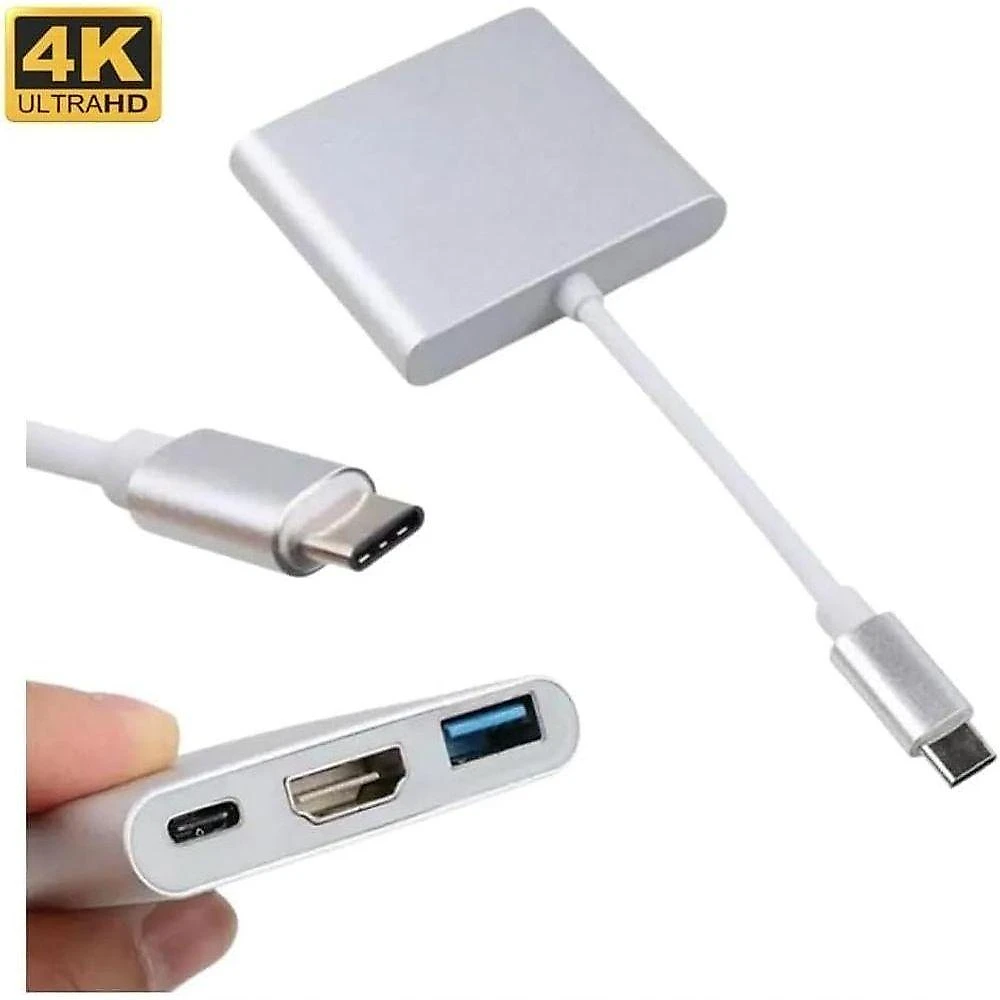 Adaptador Eleva Sua 3 em 1 HDMI 4K USB 3.0 e Power Delivery Liga Metálica