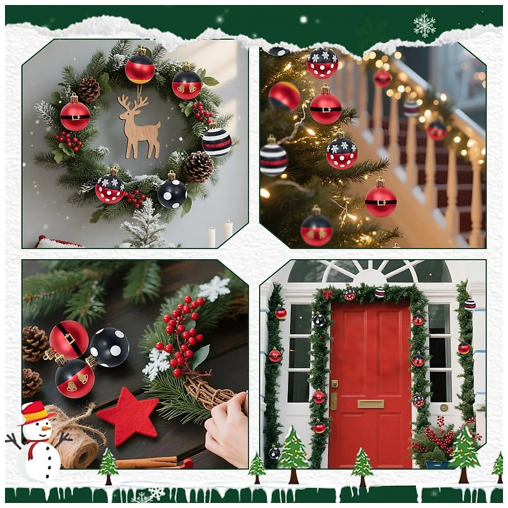 Conjunto de 24 Enfeites de Natal em Forma de Bolas, 60mm, Vermelho e Preto, de Plástico Resistente a Quebras, para Decorar Árvore de Natal e Festas