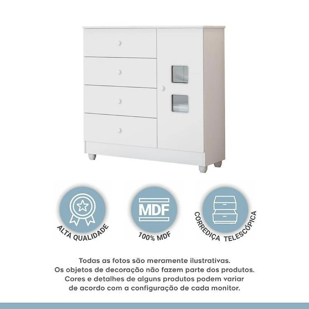 Quarto de Bebê Berço Mini Cama, Cômoda 1 Porta 4 Gavetas e Roupeiro Flocos 3 Portas 2 Gavetas Branco