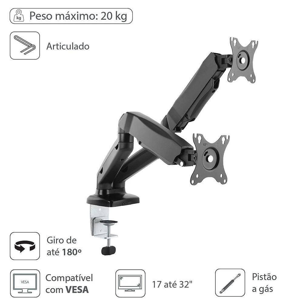 Suporte Articulado para 2 Monitores Sm-341B com Contrapeso e Suporte a Gás Preto Vinik