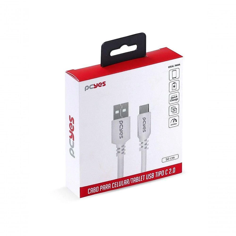Cabo USB Pcyes PUACB-05 para Smartphone USB a 2.0 para USB Tipo C 480 MBPS Branco 0,5 METRO