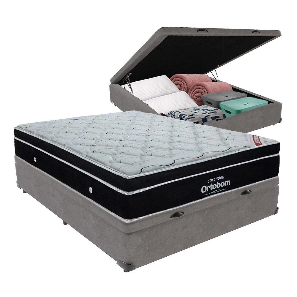 Elegant Ortobom Base Baú Bege Casal Mola Ensacada Europillow Cinza