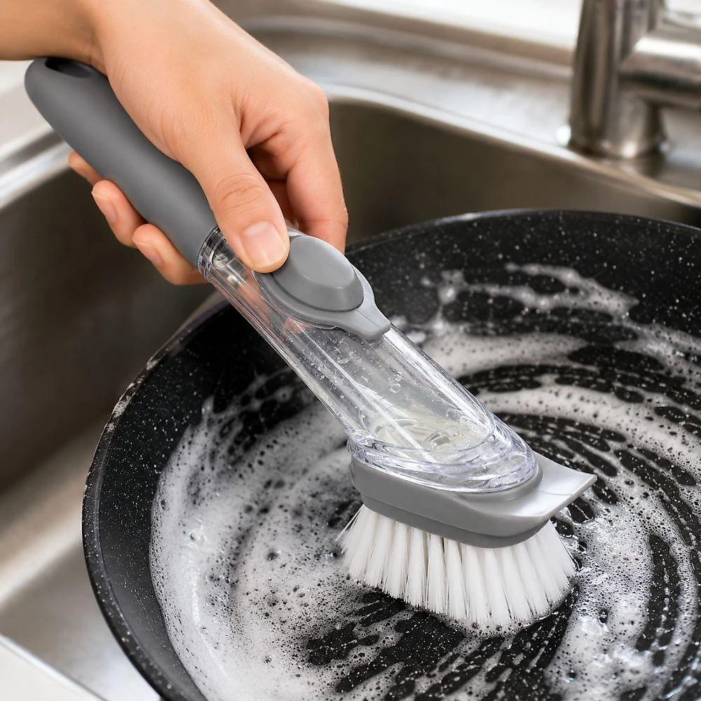Escova de Limpeza com Dispensador de Detergente Multiuso PP e Borracha com Raspador para Cozinha