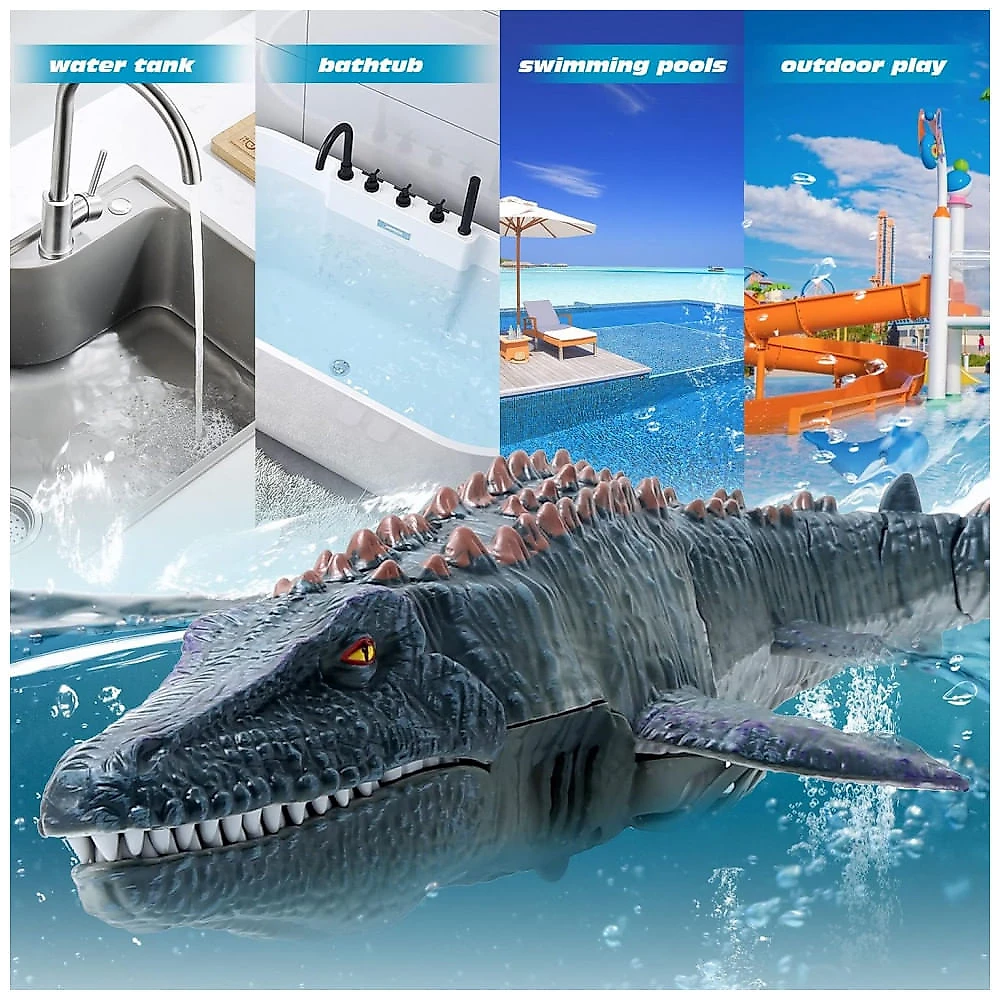 fromeasy Mosasaurus RC: Dinossauro Controle Remoto com Luz e Spray de Água para Piscina e Banho