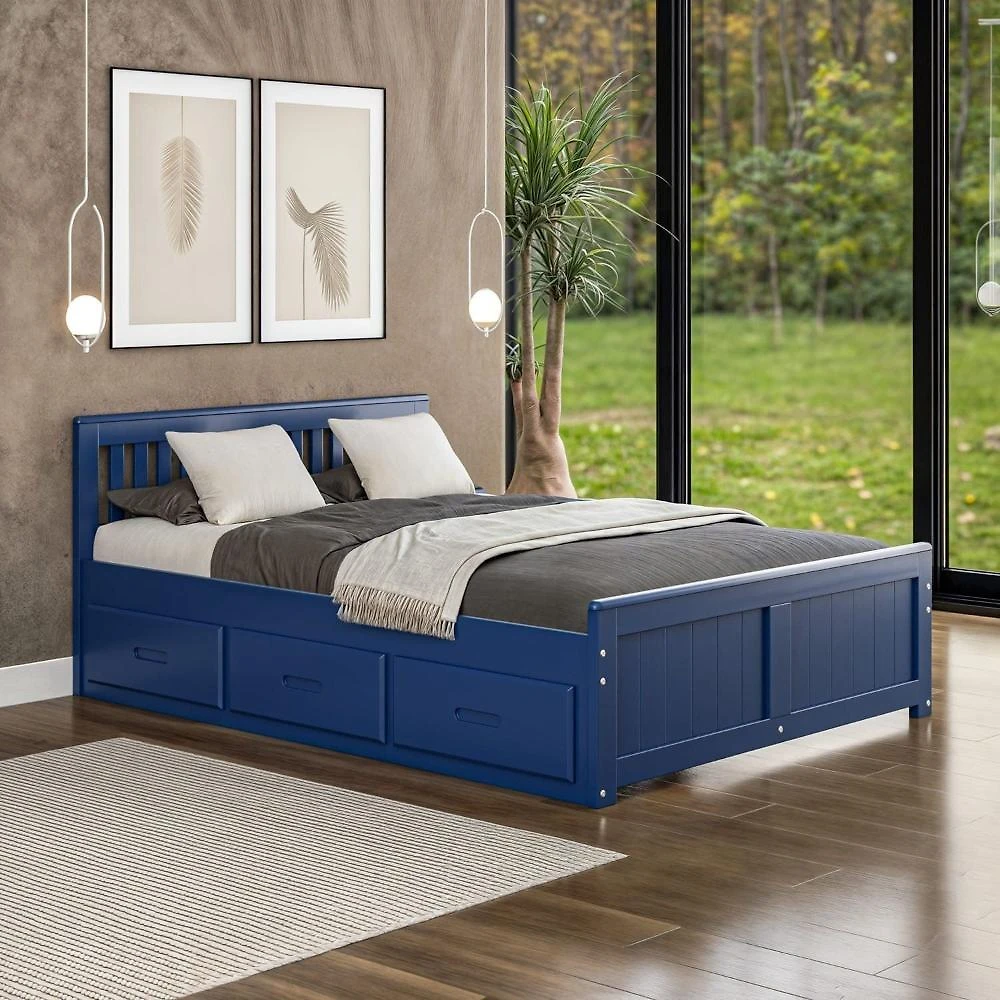 Cama Viúva 06 Gavetas Madeira Maciça Azul Escuro