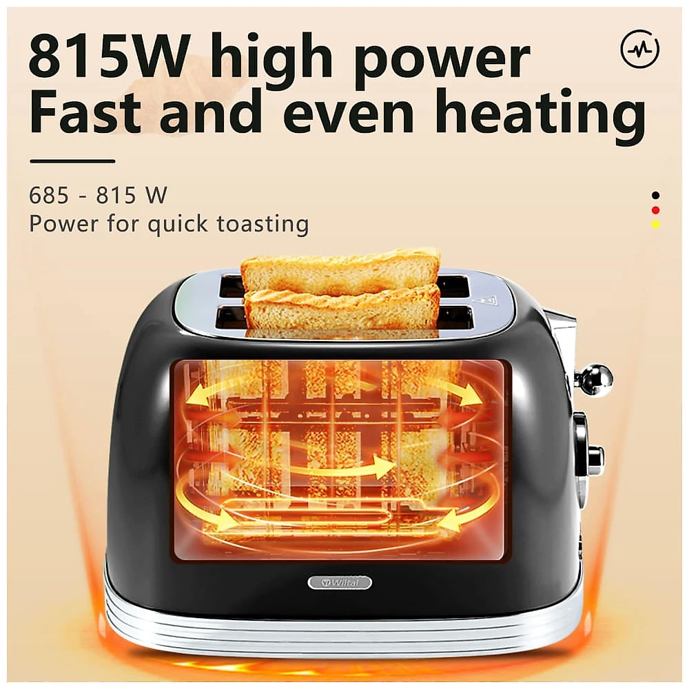 Torradeira 2 Fatias Vintage com Tampa de Aço Inoxidável, Acessório para Pão, 6 Níveis de Tostagem e Funções de Pré-aquecimento, 110V 815W, Wiltal 110v