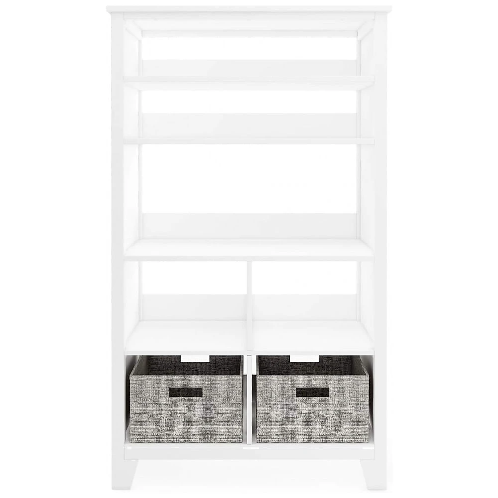 Estante infantil alta Martha Stewart Living & Learning branca em madeira com 7 nichos e cestos de tecido para quarto e brinquedoteca