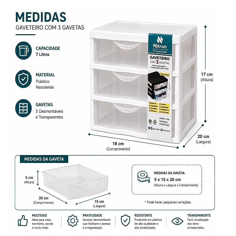 Organizador Gaveteiro 3 Gavetas Mesa Bancada Documentos Acessorios Multiuso Escritorio Porta Joias