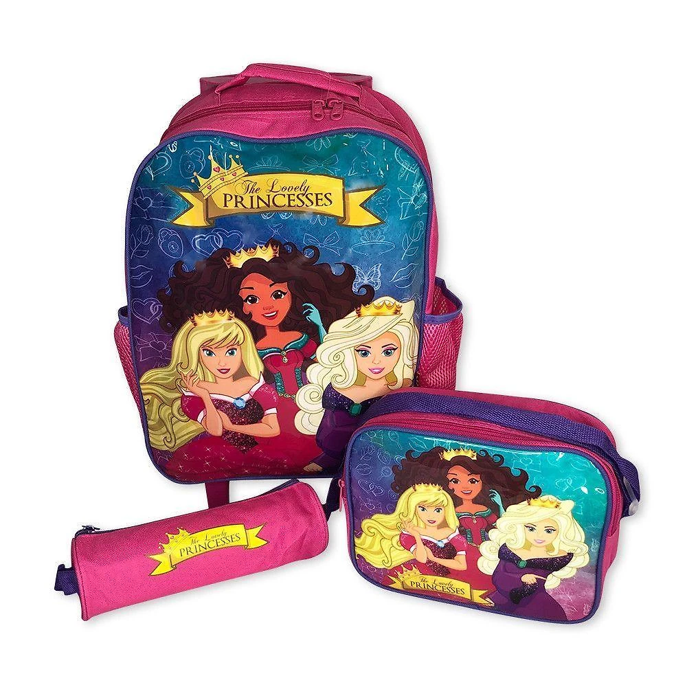 Kit Mochila Infantil Escolar Rocie Princesas de Rodinha com 3 Peças Rosa