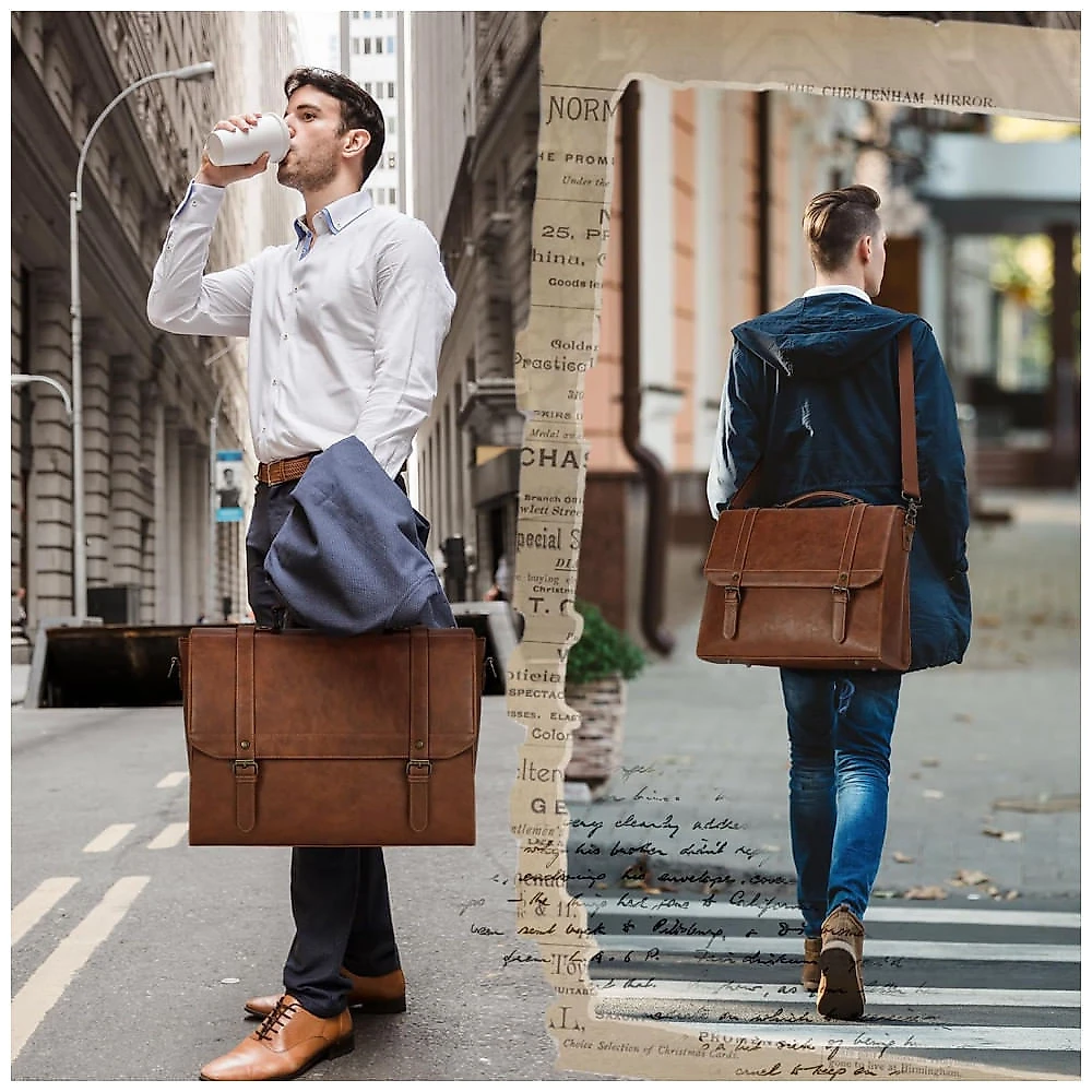 Bolsa Carteiro Masculina de Couro Sintético para Laptop com 15,6 Polegadas, IGOLUMON, Marrom 110v