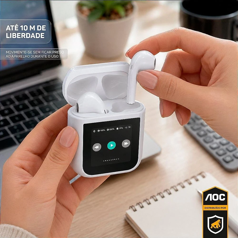 Fone Bluetooth com Visor Touch LED, Controle de Música, Bateria de Longa Duração e Estojo Inteligente – Branco - AOC