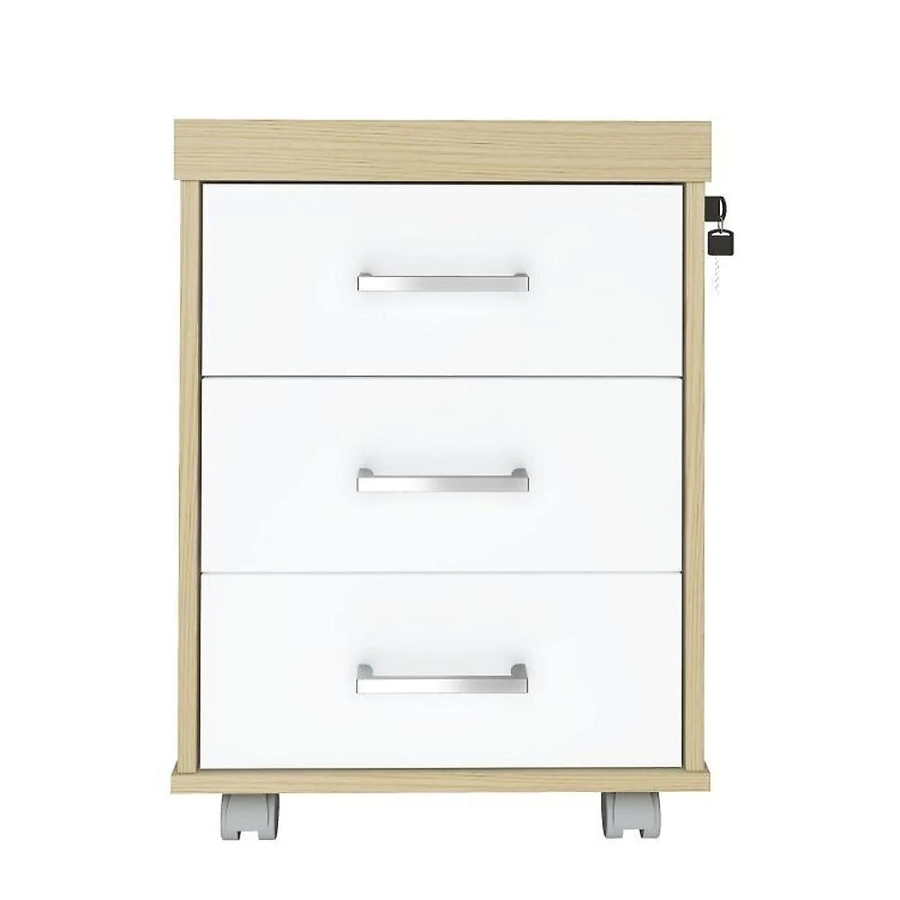 Kit 3 Peças com Mesa para Escritório Diretor em L, Armário Multiuso Baixo e Gaveteiro 3 Gavetas Conjunto para Escritório Executivo 3 peças Estação Diretoria Balcão 2 portas e Gaveteiro 3 Gavetas Carvalho/Branco