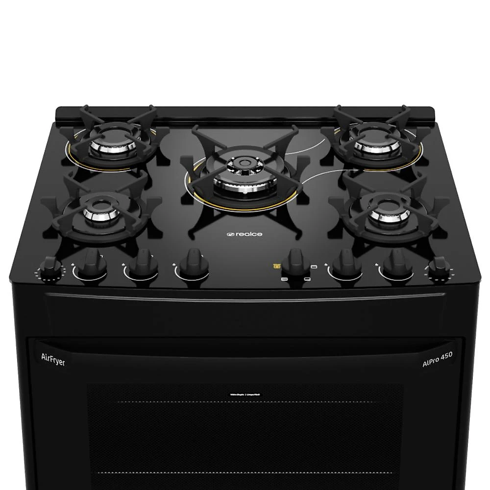 Miniatura Fogão 5 Bocas a Gás/Elétrico com AirFryer 220V Alpro 450 Realce CR234 Preto