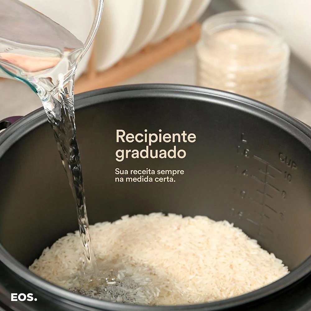 Panela Elétrica De Arroz EOS 10 Xicaras Inox Preta Tampa Vidro Clear Glass EPA10PI 110V
