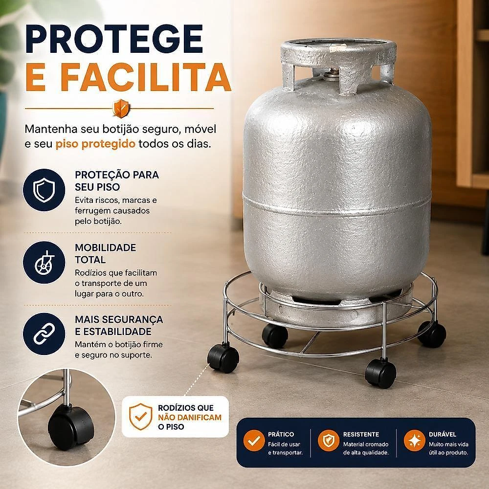 Suporte Multiuso com Rodízios para Botijão de Gás Galão de Água e Vaso de Planta em Aço Cromado