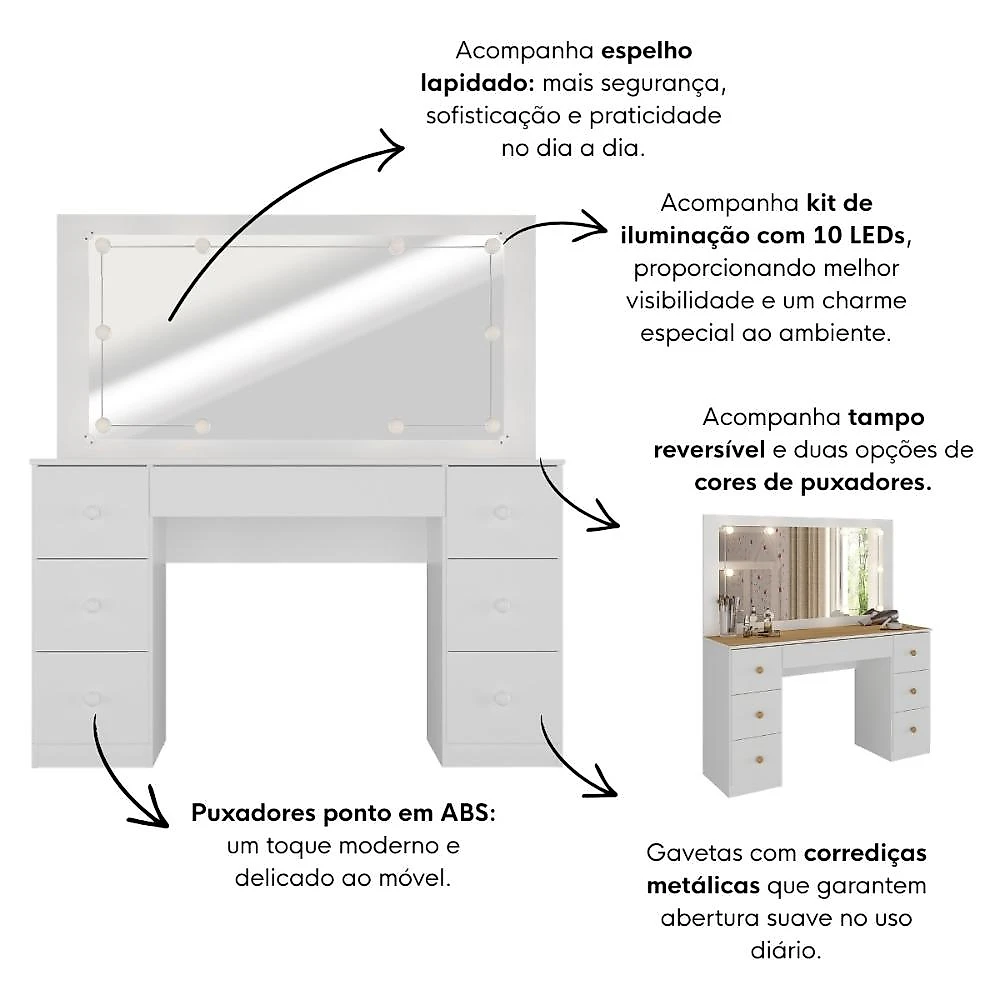 Miniatura Penteadeira Camarim com Espelho e LED 7 Gavetas Flex Isis Multimóveis MP6098 Branco/Madeirado