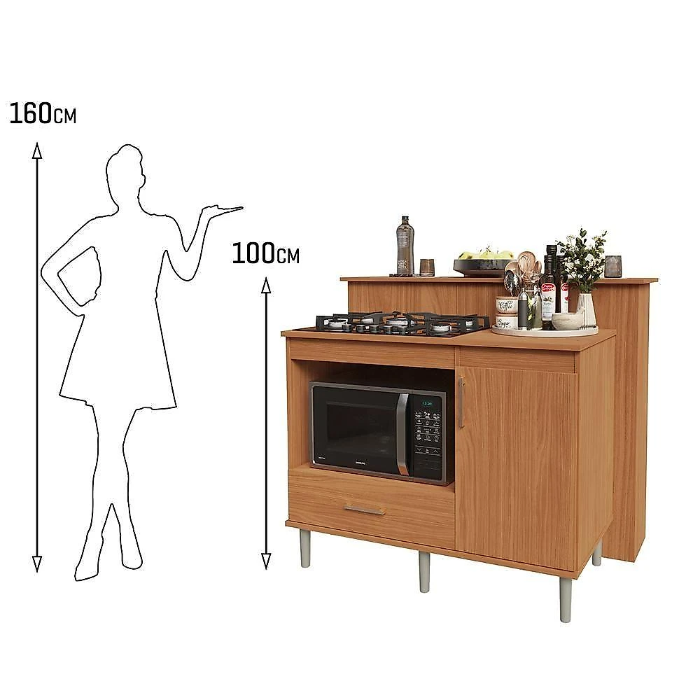 Kit Bancada Ilha Para Cozinha + Balcão Para Cooktop 1,05m 5 Bocas Turim Nature Nature