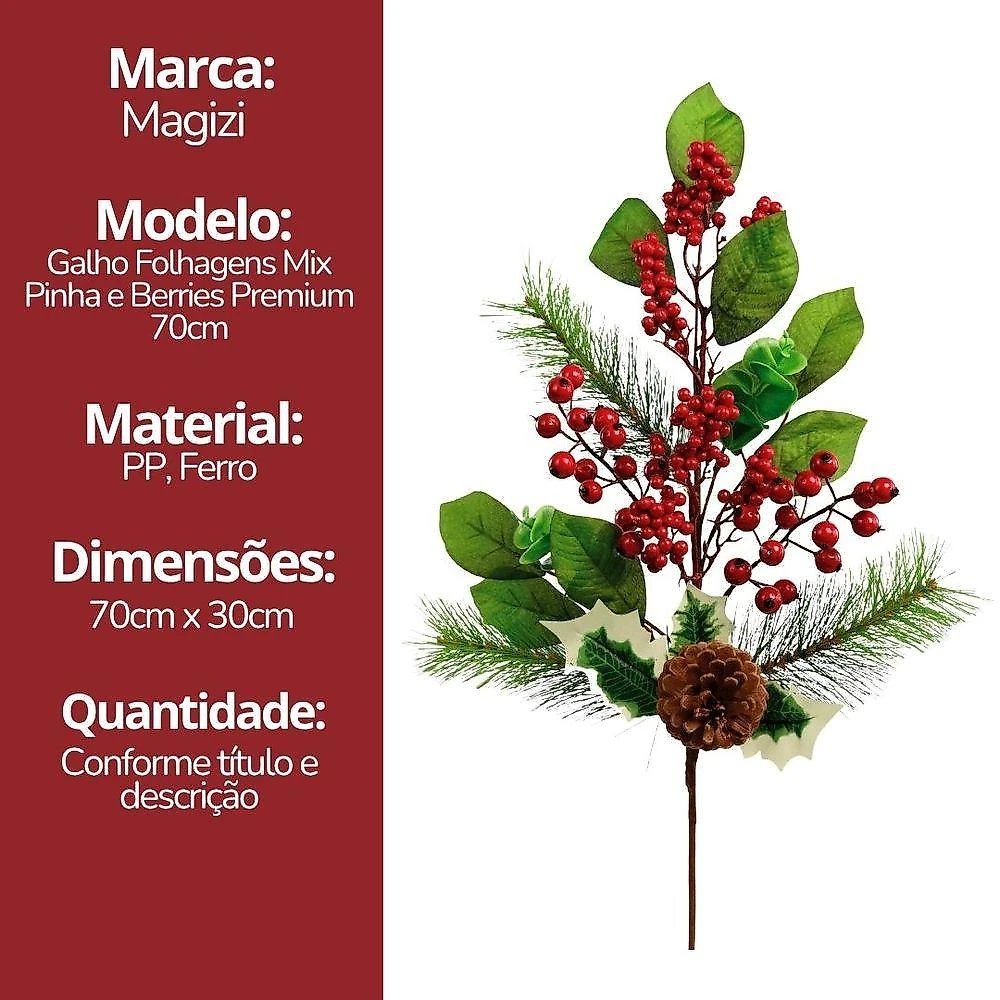 Galho Mix Folhagem Natal Premium Pinha E Berries 70cm - Magizi