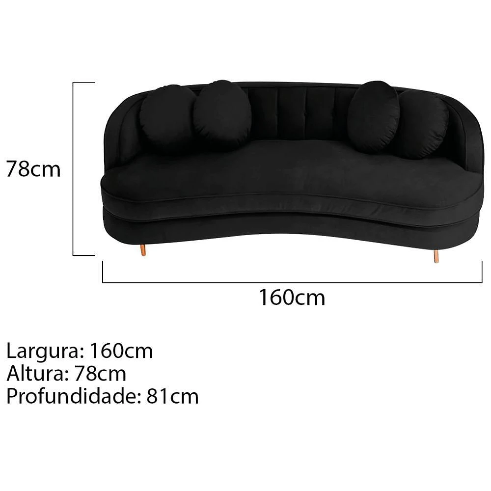 Sofá Curvo 2 Lugares Orgânico Sala Recepção Escritório Decorativo Luxo Panamá 160cm Suede Cor Preto