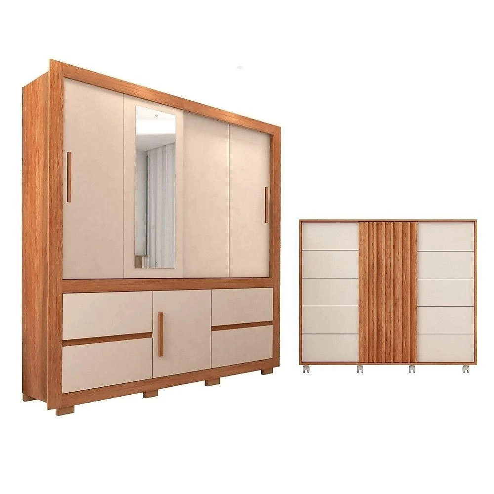 Guarda Roupa com Comoda Casal Pegasus 3 Portas de Correr 4 Gavetas Freijo-Off White Caemmun Móveis webcontinental-7898000005384