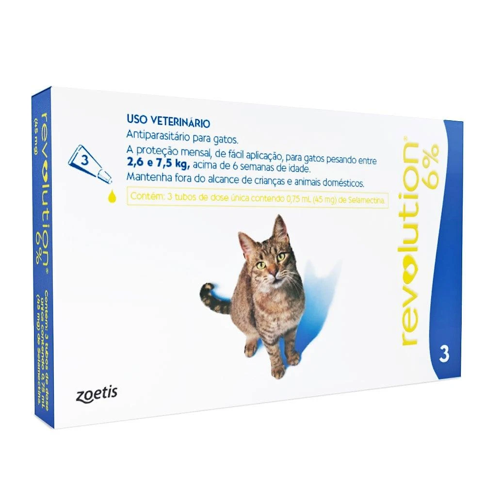 Antipulgas e Carrapatos Zoetis Revolution 6% para Gatos de 2,5 a 7,5 Kg - 3 Ampolas de 0,75 mL