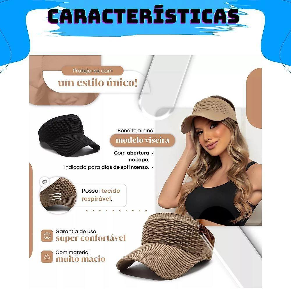 Kit 2 Viseiras Bonés Moda Blogueira Aba Longa Respirável Proteção Solar Verão Modelo 5