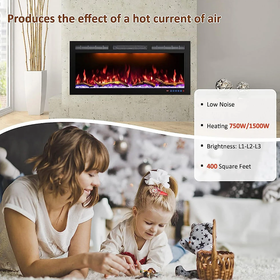 Lareira Elétrica de Embutir A45x152L com Controle Remoto e Tela Sensível ao Toque, 110V 1500W, Mystflame, Preta