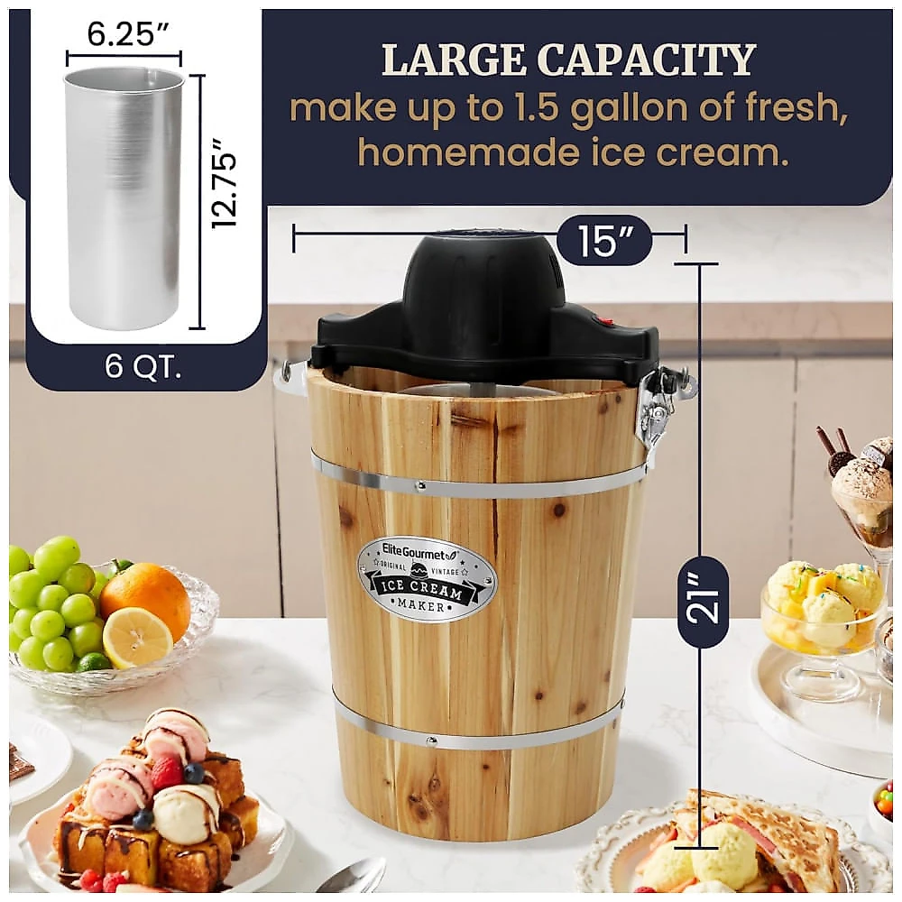 Máquina de Sorvete Elétrica Elite Gourmet EIM916X Old Fashioned 5,67 Litros com Balde Vintage de Madeira Appalachian, Inclui Manivela Clássica de