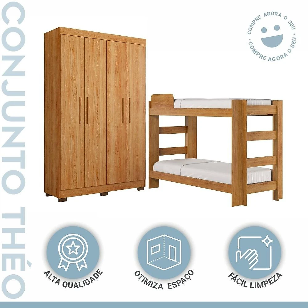 Quarto Infantil Completo com Guarda-roupa e Beliche Théo Amadeirado