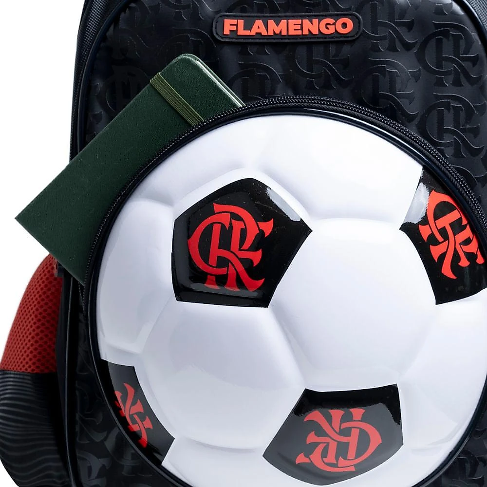 Mochila de Rodinha Infantil Masculina Flamengo Oficial Bola de Futebol Preto-vermelho
